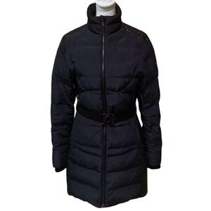 Orobo’s Long Women's Black Puffer Coat with Belted Waist. Size M. Navy/Black.